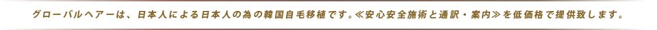 グローバルヘアーは、日本人による日本人の為の韓国自毛移植です。≪安心安全施術と通訳・案内≫を低価格で提供致します。